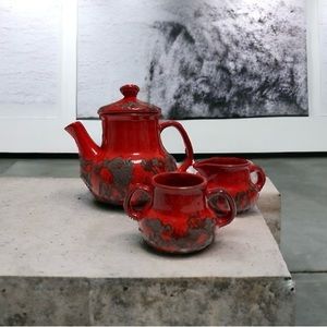 Vintage MCM Laurentian Pottery Fat Lava Red Teapot, Sugar Bowl & Creamer